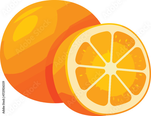 Two oranges one whole and one cut in half on a white background