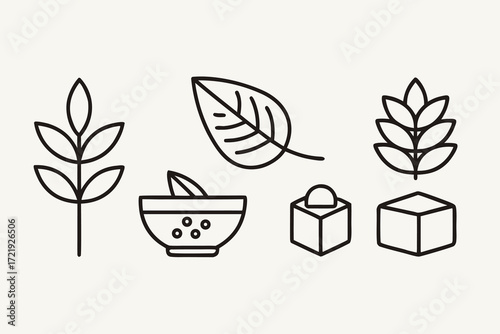 Minimalist Line Art Icons of Food and Plant Elements on Beige