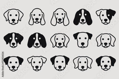 Collection of simple dog head vector icons. A variety of cute puppy faces in a minimalist graphic style