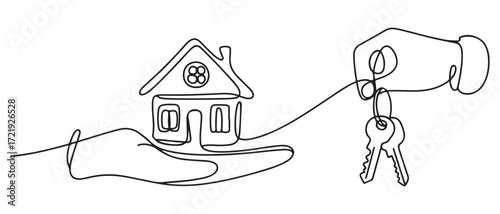 Drawing a continuous line of the house on the hand with the keys. one line Icon drawing with white background