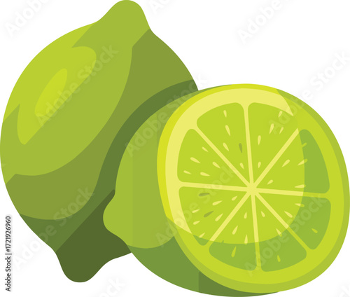 Two green limes one sliced in half on a white background