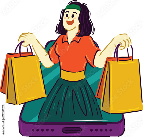 Woman with shopping bags emerging from smartphone screen