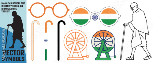 Collection of iconic symbols representing mahatma gandhi including his silhouette spectacles walking sticks and the indian flag and ashoka chakra