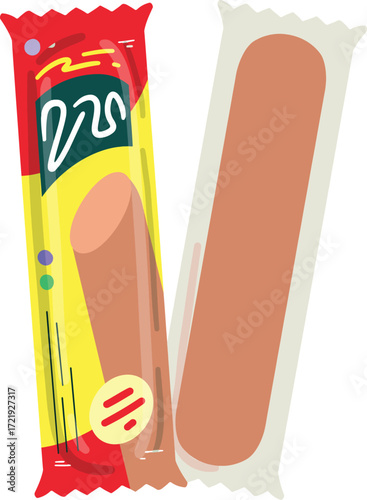 Two hot dogs one in a red and yellow wrapper and the other in a white wrapper