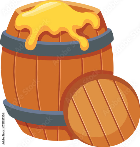 Wooden barrel overflowing with golden honey with a lid beside it