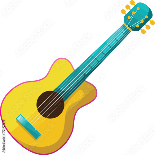 Yellow acoustic guitar with teal neck and headstock