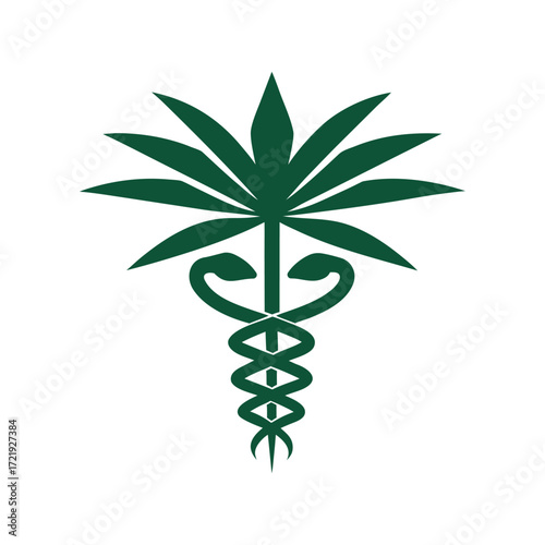 Dark green caduceus symbol with palm fronds on white background medical health