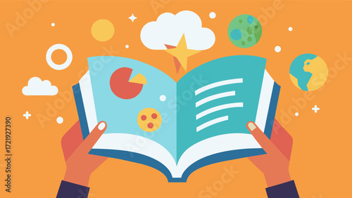 A closeup of a persons hand turning the pages of an interactive storybook with images and icons popping up on the screen to engage and stimulate the brain.. Vector illustration