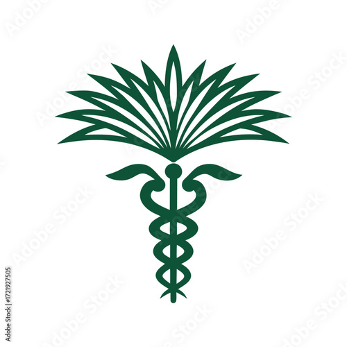 Dark green caduceus symbol with stylized palm fronds on white background medical health