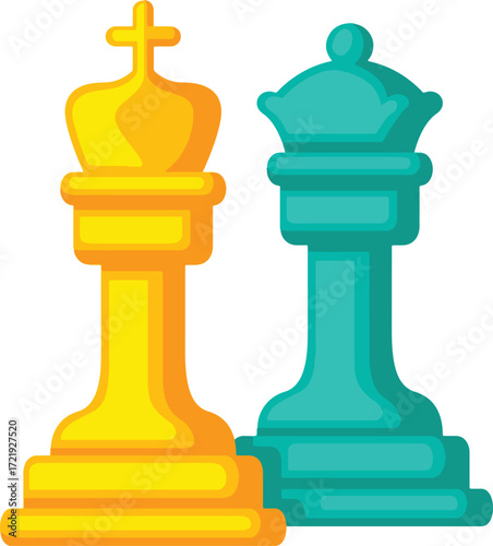 Two stylized chess pieces a gold king and a teal queen