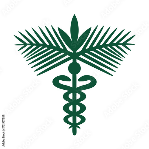 Green caduceus symbol with palm fronds and leaf accents medical health