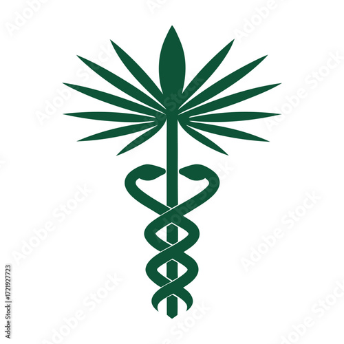 Green cannabis leaf atop intertwined snakes forming caduceus symbol marijuana medical