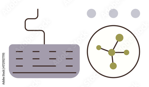 Computer keyboard alongside a circular diagram with connected nodes, three minimal dots above. Ideal for technology, communication, networking, data sharing, science, innovation, digital interface