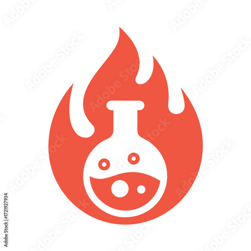 Red laboratory flask with bubbles on fire science chemistry