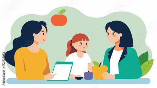 A mother and her teenage daughter meet with a nutritionist to create a personalized care plan for managing the daughters ADHD. They discuss the importance of a wellbalanced diet. Vector illustration