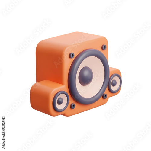 Orange 3d cartoon speaker with multiple sound drivers isolated on transparent background