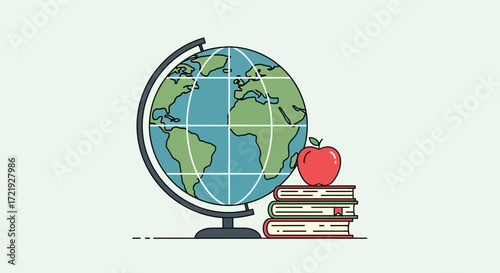 World of Knowledge Globe, Books, and Apple Illustration for Education and Learning