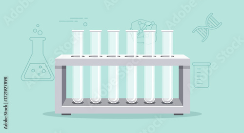 Modern flat design illustration of laboratory test tubes in a rack with scientific equipment, symbolizing medical research, chemistry experiments, and biotechnology concepts for healthcare innovation