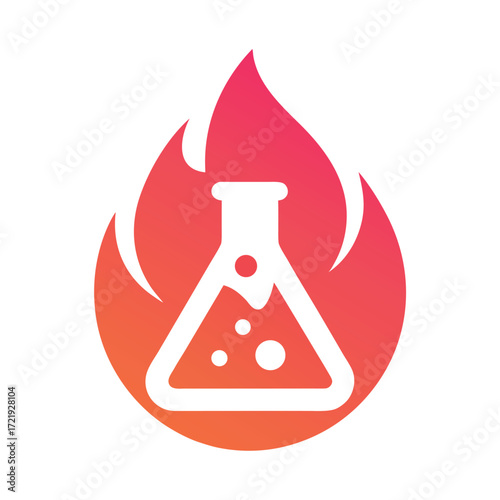White laboratory flask with bubbles inside a red orange gradient flame science chemical