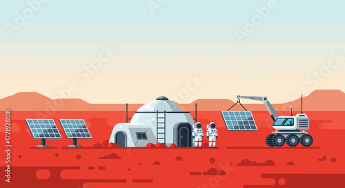 Astronauts construct a futuristic Martian base with renewable solar energy, symbolizing humanity's ambitious journey to colonize the Red Planet and establish a sustainable off-world habitat