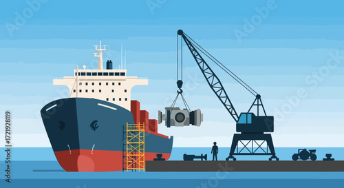 Loading and unloading cargo ship using crane, port illustration in ocean with blue sky