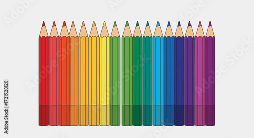 A vibrant spectrum of colored pencils arranged in a rainbow gradient, showcasing a wide variety of hues on a clean white background