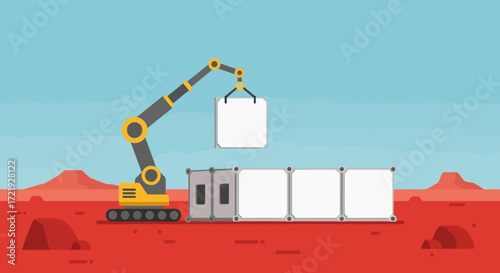 Concept of Container Crane Construction in Alien Landscape Building Structures on New Planets