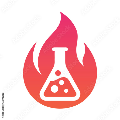 White laboratory flask with bubbles inside a red and pink gradient flame science chemical
