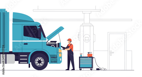 Professional mechanic performing detailed maintenance and repair on a large commercial truck in a workshop, ensuring optimal performance and safety