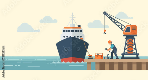 Ship docked at the port, a worker in safety gear is performing maintenance on the dock with crane and tools visible