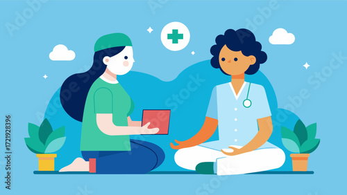 A compassionate nurse guides a patient with depression through mindfulness and relaxation techniques to reduce symptoms and improve overall wellbeing.. Vector illustration