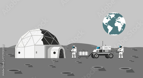 Astronauts Exploring Lunar Base with Rover and Earth in Background Space Exploration Concept