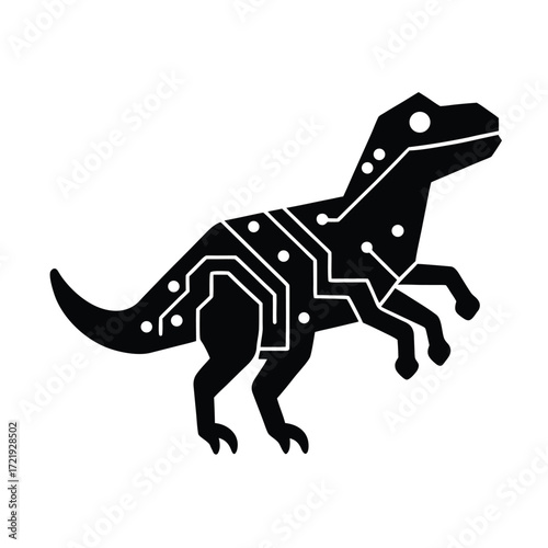 Black velociraptor silhouette with circuit board pattern, isolated on white background