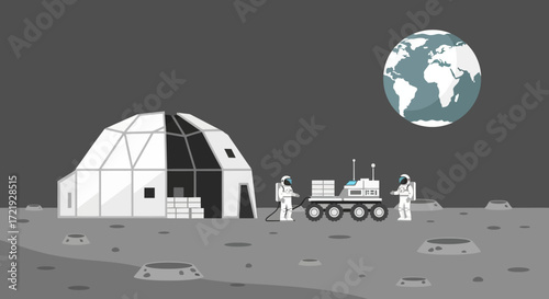 Illustration of a futuristic lunar base with astronauts and a rover exploring the moon's surface, envisioning human expansion and scientific research in outer space