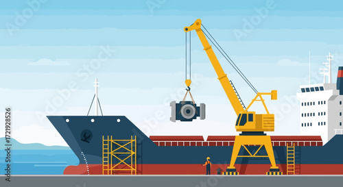 A large crane is loading cargo onto a ship at a busy industrial port with a blue sky and calm water