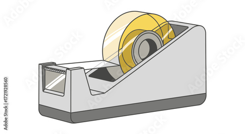 A simple vector graphic of a classic desktop tape dispenser with a roll of clear adhesive, an essential stationery supply for office work and crafts