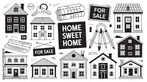 Collection of black and white house icons representing homeownership real estate and property perfect for websites and marketing materials