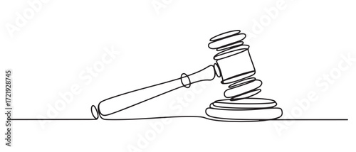Judge hammer one continuous single line art drawing. one line Icon drawing with white background