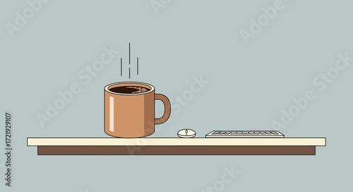 Simple flat design illustration of a workspace featuring a steaming coffee mug, computer mouse, and keyboard, evoking a sense of calm productivity or a coffee break