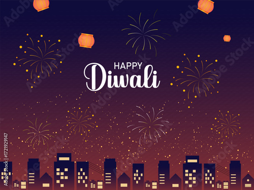 Happy Diwali Indian festival of lights. Vector illustration of cityscape or landscape background with Lanterns and firecrackers for celebration.