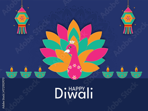 Happy Diwali Indian festival of lights. Vector illustration of National bird Peacock rangoli design with oil lamp and lantern decoration.