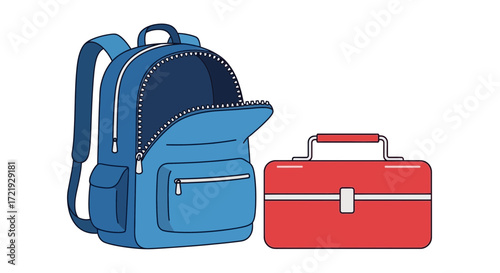 School Essentials A Blue Backpack with an Open Compartment and a Red Lunchbox, Ready for Learning