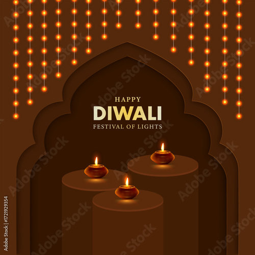 Happy Diwali Indian festival of lights banner, poster or web header design 3d Pedestal podium  Vector Illustration.