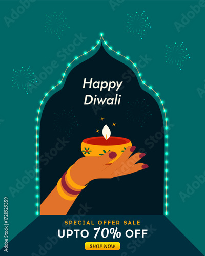 Happy Diwali Indian festival of lights.Creative Beautiful background design with woman hand holding oil lamp. Vector Illustration.