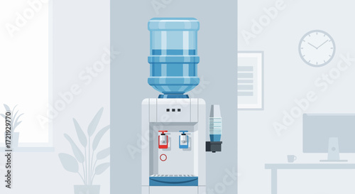 Office water cooler in a minimalistic workplace setting with a large water bottle on top