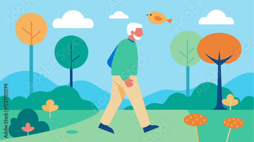 A senior citizen walking through a nature reserve observing and identifying different types of trees fungi and wildlife. The mental exercise and learning opportunities benefiting. Vector illustration
