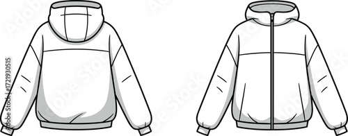Blank hooded jacket front and back flat sketch, zipper closure fashion template, casual winter outerwear design, apparel technical drawing illustration