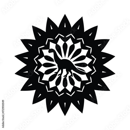Black dinosaur silhouette within a geometric mandala pattern isolated on white background