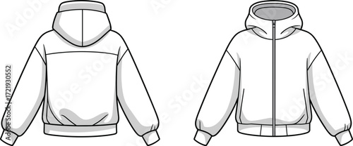 Blank hooded zip jacket flat sketch front and back view, fashion template design, casual winter outerwear apparel technical illustration