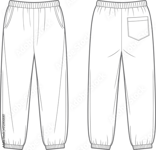 Blank jogger pants flat sketch front and back view, casual unisex clothing design template, fashion illustration, apparel mockup, technical garment drawing